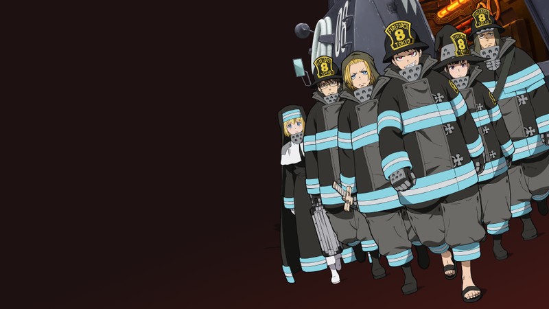 Группа пожарных в униформе стоит рядом друг с другом (fire force, аниме, anime, огненная бригада, enen no shouboutai)