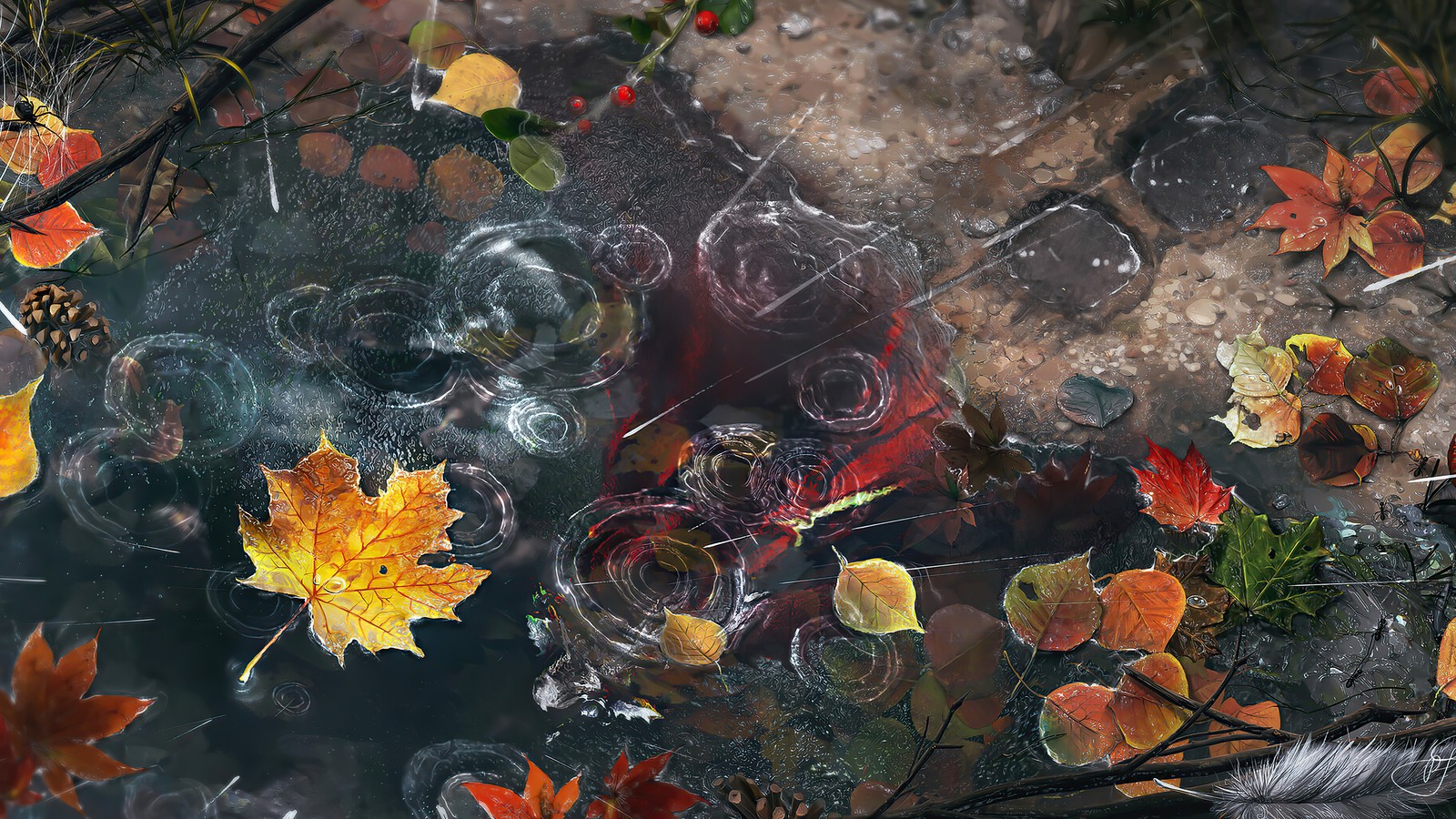 A close up of a pond with water and leaves in it (rain drop, autumn, leaves, art, digital art)