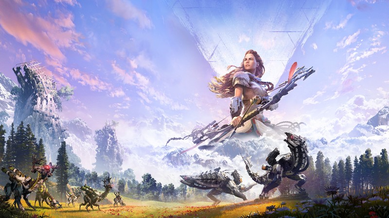 Группа людей в поле с оружием и фоном неба (horizon zero dawn, компьютерные игры, playstation 4, элой, aloy)