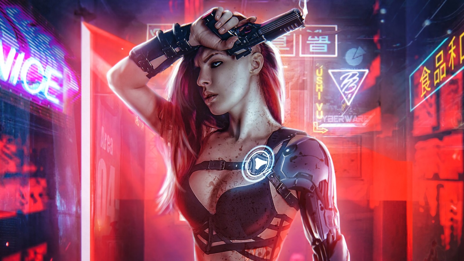 Lade cyberpunk, mädchen, pistole, waffen, sci fi Hintergrund herunter