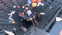 anime, anime girls, falling, balloons, student wallpaper