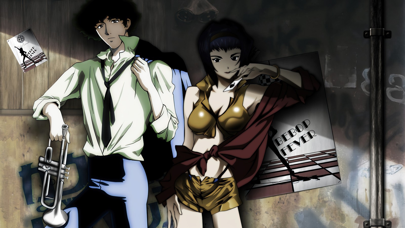 Anime-charaktere in einem raum mit einer wand und einer uhr (cowboy bebop, anime, spike spiegel, faye valentine)