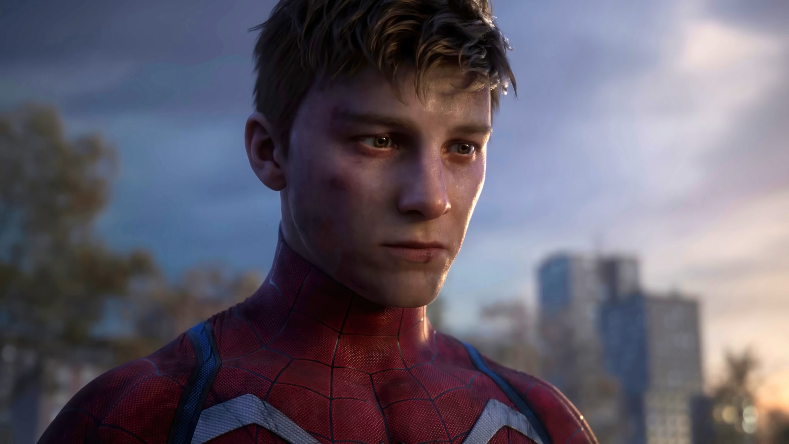 Spider-man en costume avec une ville en arrière-plan (peter parker, marvel spider man 2, marvels spider man 2, jeu vidéo, spiderman)