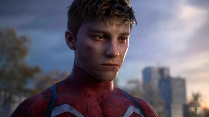 Человек-паук в костюме на фоне города (peter parker, человек паук марвел 2, marvels spider man 2, видеоигра, человек паук)