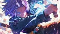 Trunks brandissant son épée dans une scène dynamique de Dragon Ball