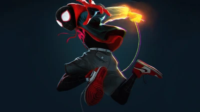 Pose de ação dinâmica de Miles Morales como Homem-Aranha em arte vibrante 4K