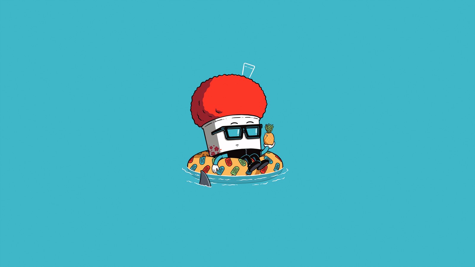 A cartoon robot floating in the water with a red hat on (digital art, chilling, chill, minimalist, minimalism)