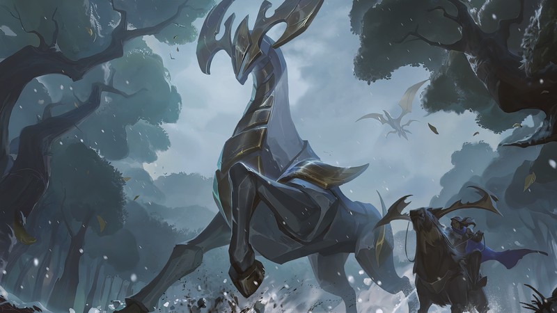 Крупный план оленя с мужчиной на лошади на заднем плане (petricite stag, legends of runeterra, lor, видеоигра, демасия)