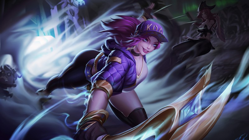 Женщина в фиолетовом наряде держит меч и меч (kda, акали, akali, lol, league of legends)