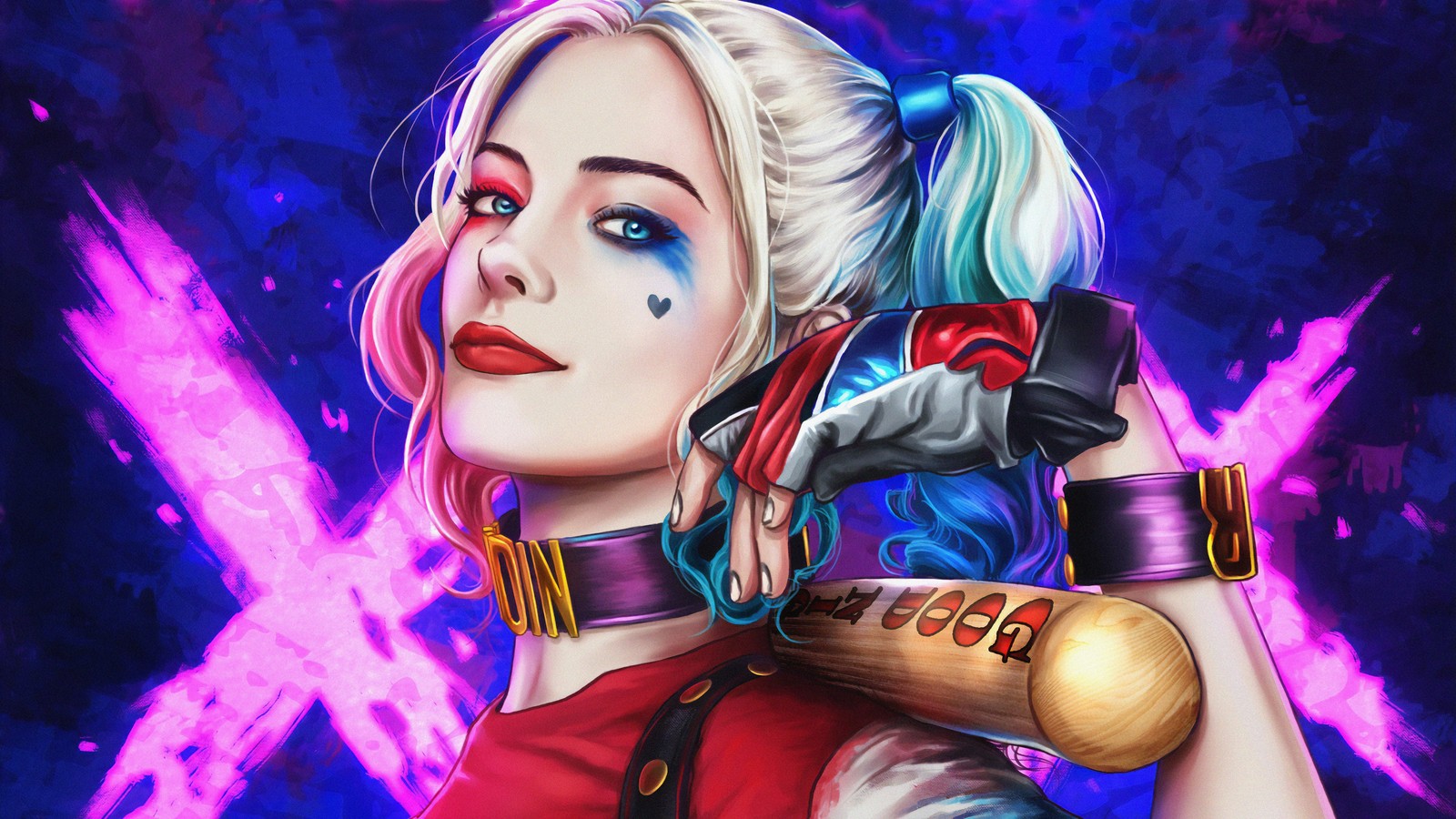 Женщина с битой и клоунским макияжем на лице (harley quinn, dc comics, комиксы)