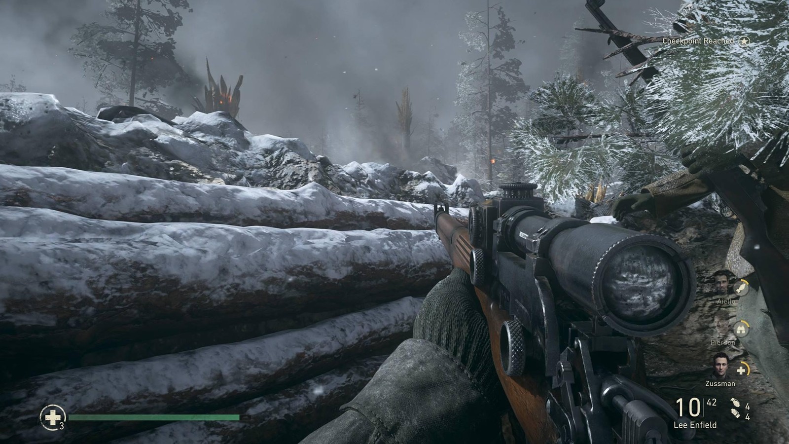 A close up of a rifle in a snowy forest with a bird flying overhead (pc game, soldier, games, freezing, military organization)