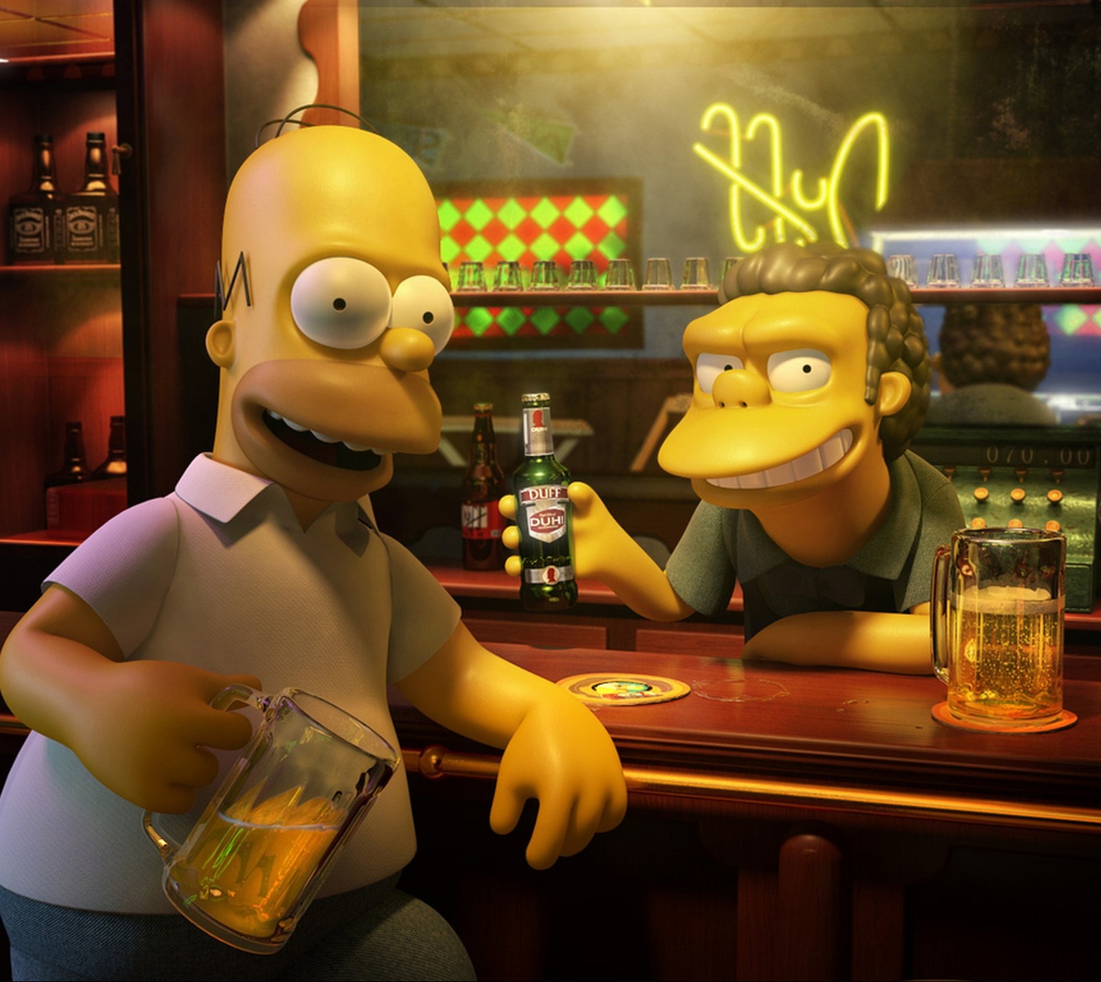 Los simpson bebiendo cerveza en un bar con un hombre detrás de ellos (cerveza, caricatura, homero, simpson)