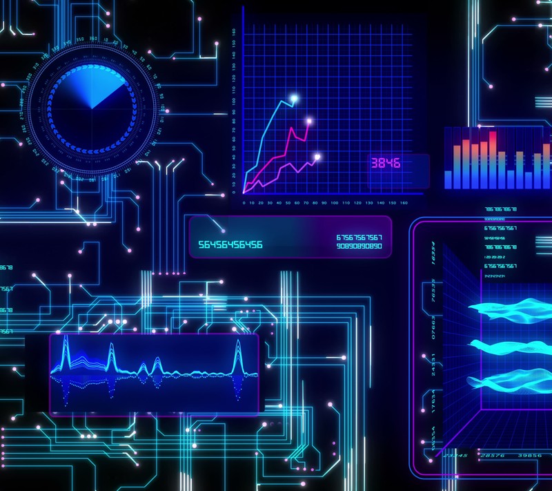 Крупный план футуристического интерфейса с часами и различными графиками. (схема, компьютер, цп, технологии, технология)