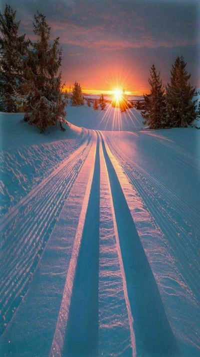 snow, sunset