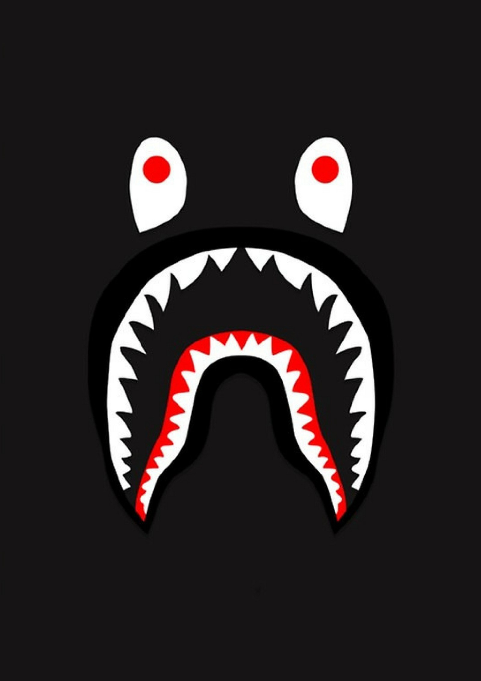 A shark with a big mouth and two big teeth (bape, shark, supreme)