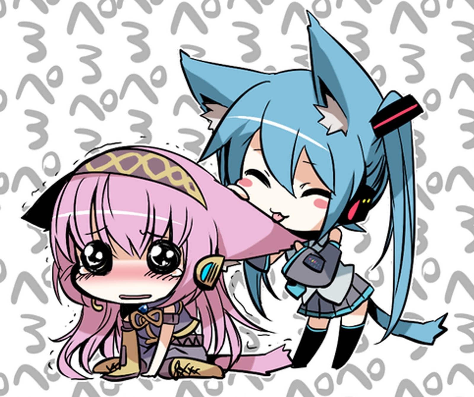 Una imagen de dibujos animados de dos personajes de anime con cabello largo (cat, chibi, lindo, hatsune, hatsune miku)