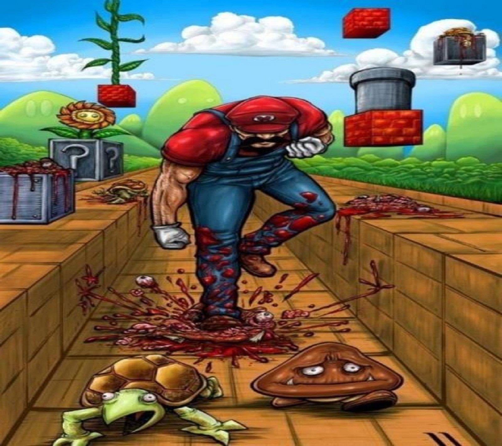 Una imagen de dibujos animados de un hombre con una camisa roja y pantalones azules corriendo a través de una pared de ladrillos (grande, jefe, caricatura, juego, gustar)