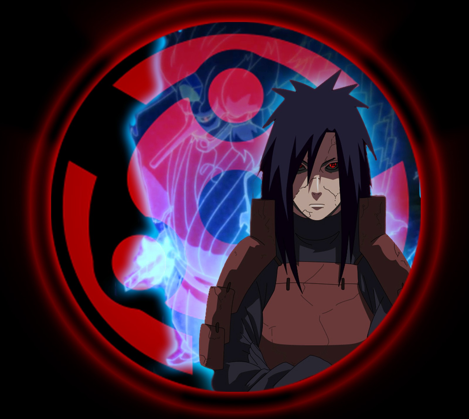 A close up of a person in a circle with a red light (anime, madara)