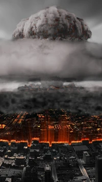 Urban landscape engulfed by a nuclear explosion, with ominous clouds and fiery devastation.