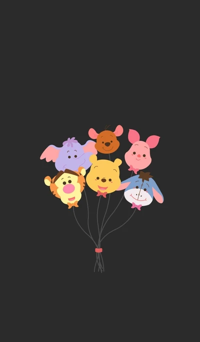 Amis Disney adorables avec des ballons : Winnie l'Ourson, Porcinet, Eeyore, Tigrou et Roo