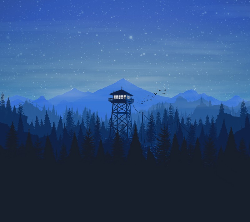 Eine aussicht auf einen turm mitten im wald bei nacht (minimal, hintergrundbild)