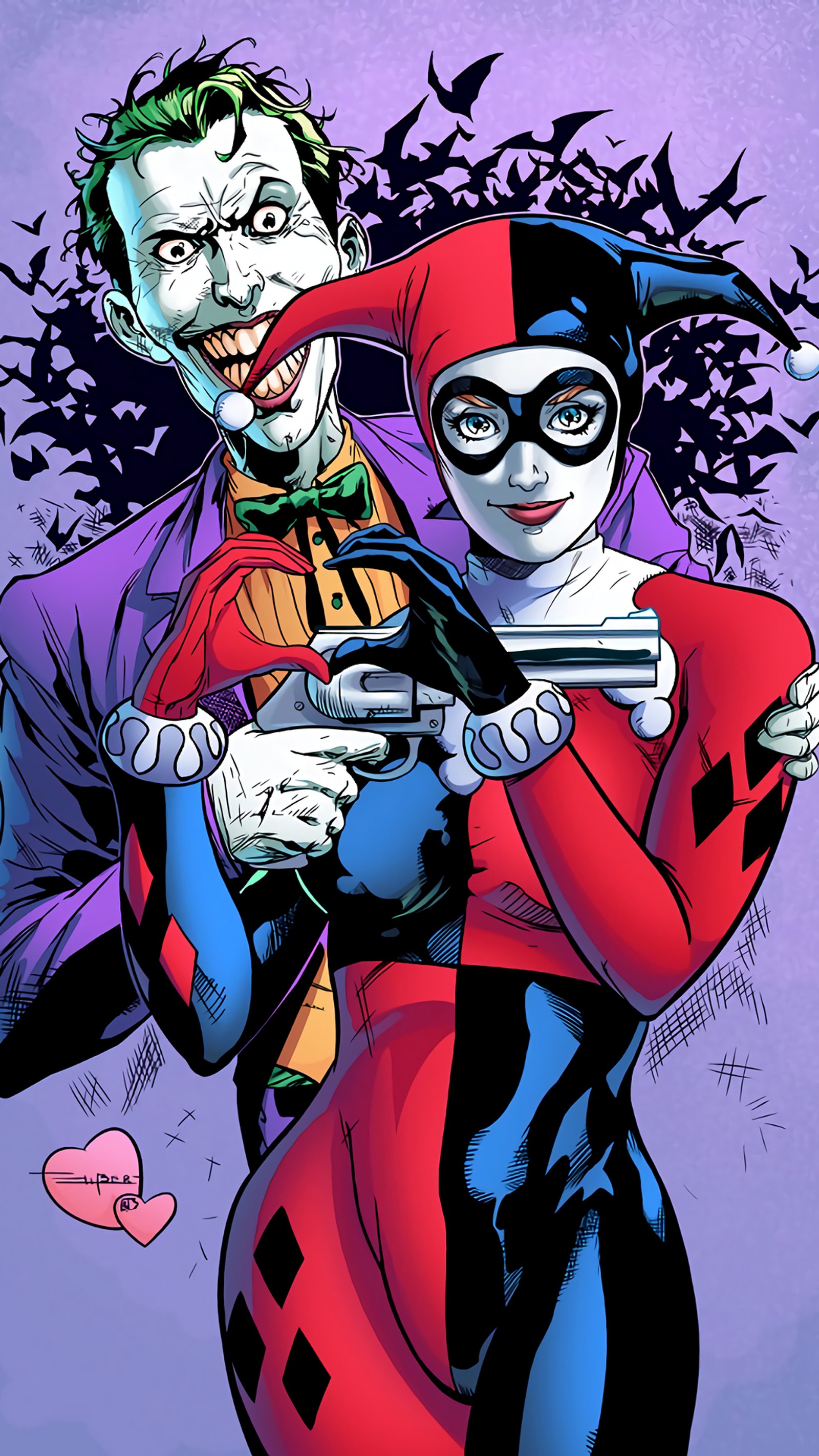 Batman y harley abrazándose frente a un fondo púrpura (cómic, harley quinn, joker)