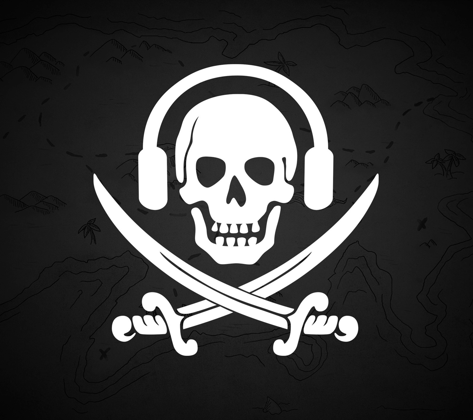 Pirate skull and crossed swords with headphones on a black background (bones, crossbones, pirate, skull, sound)