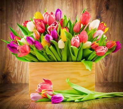 Colorful Tulip Bouquet in Wooden Box