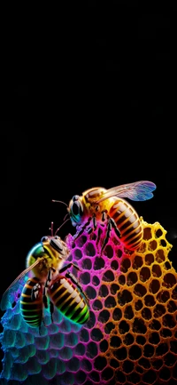 Primer plano de abejas de miel de colores vibrantes en panal