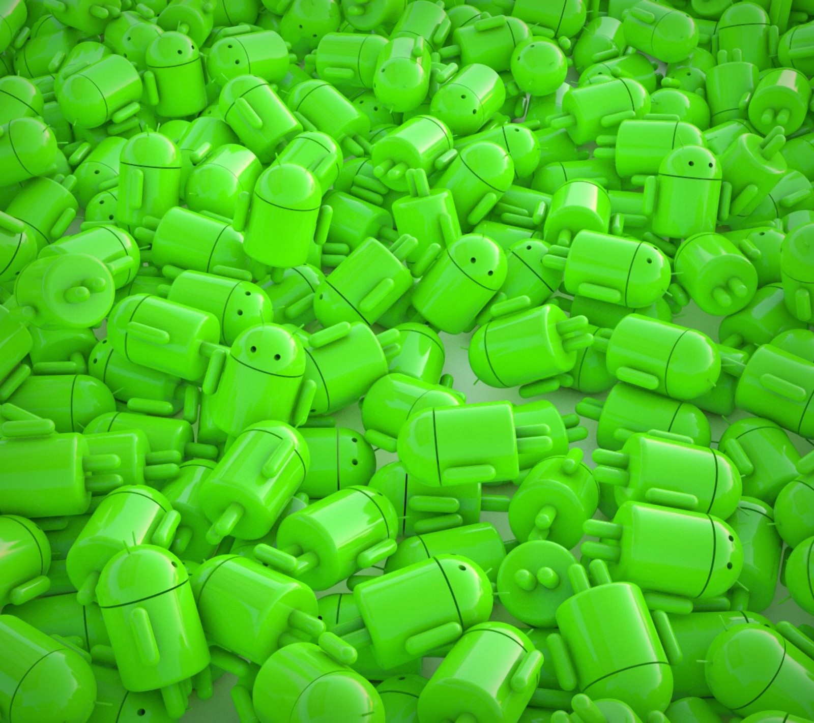 A close up of a pile of green android robot heads (3d, android, google, logo, robot)