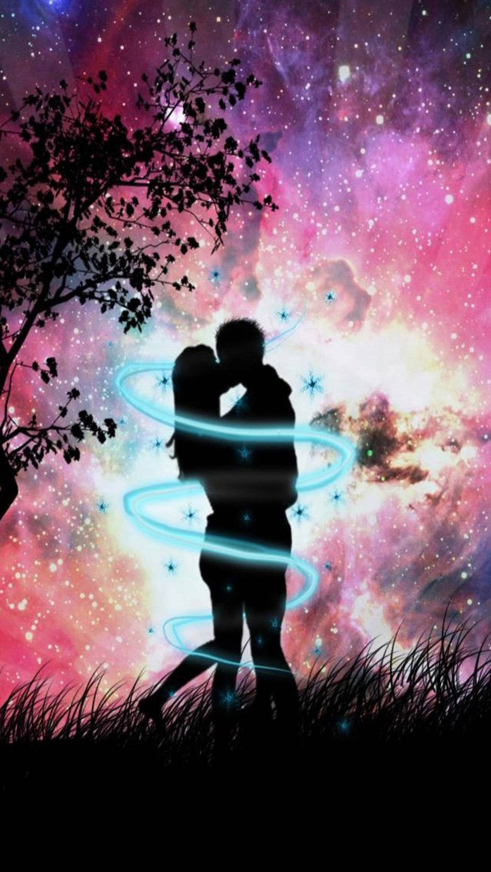 A couple kissing under a tree in the night sky (aurora, galaxy, love)