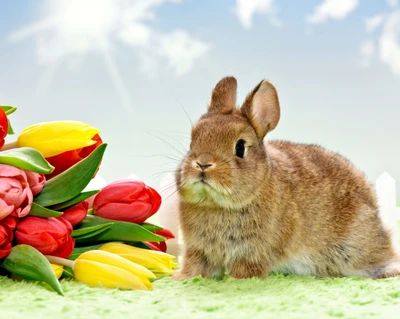 Lapin parmi des tulipes vibrantes au lever du soleil