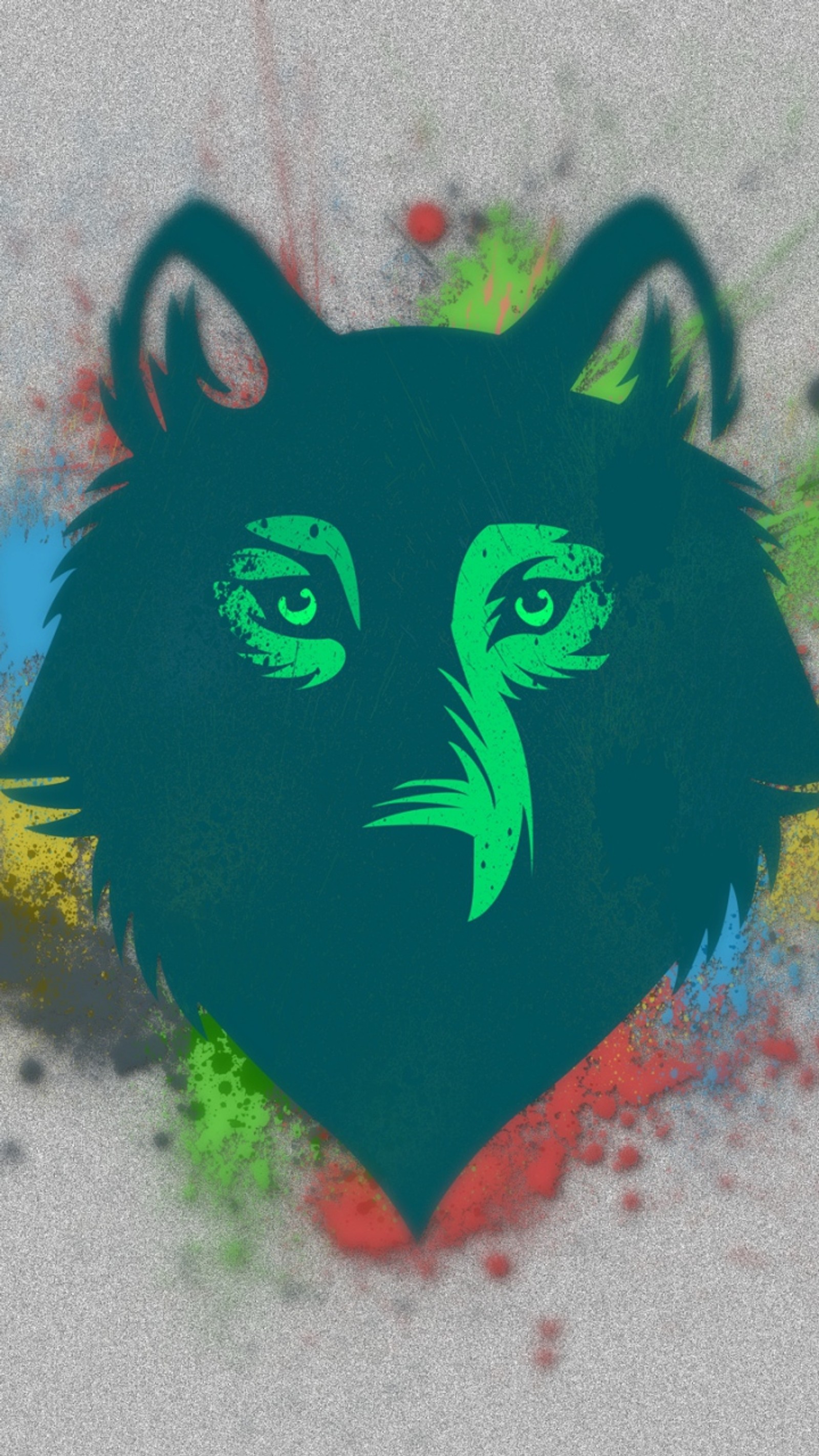 Peinture d'une tête de loup avec un fond vert et bleu (abstrait, visage, loup)