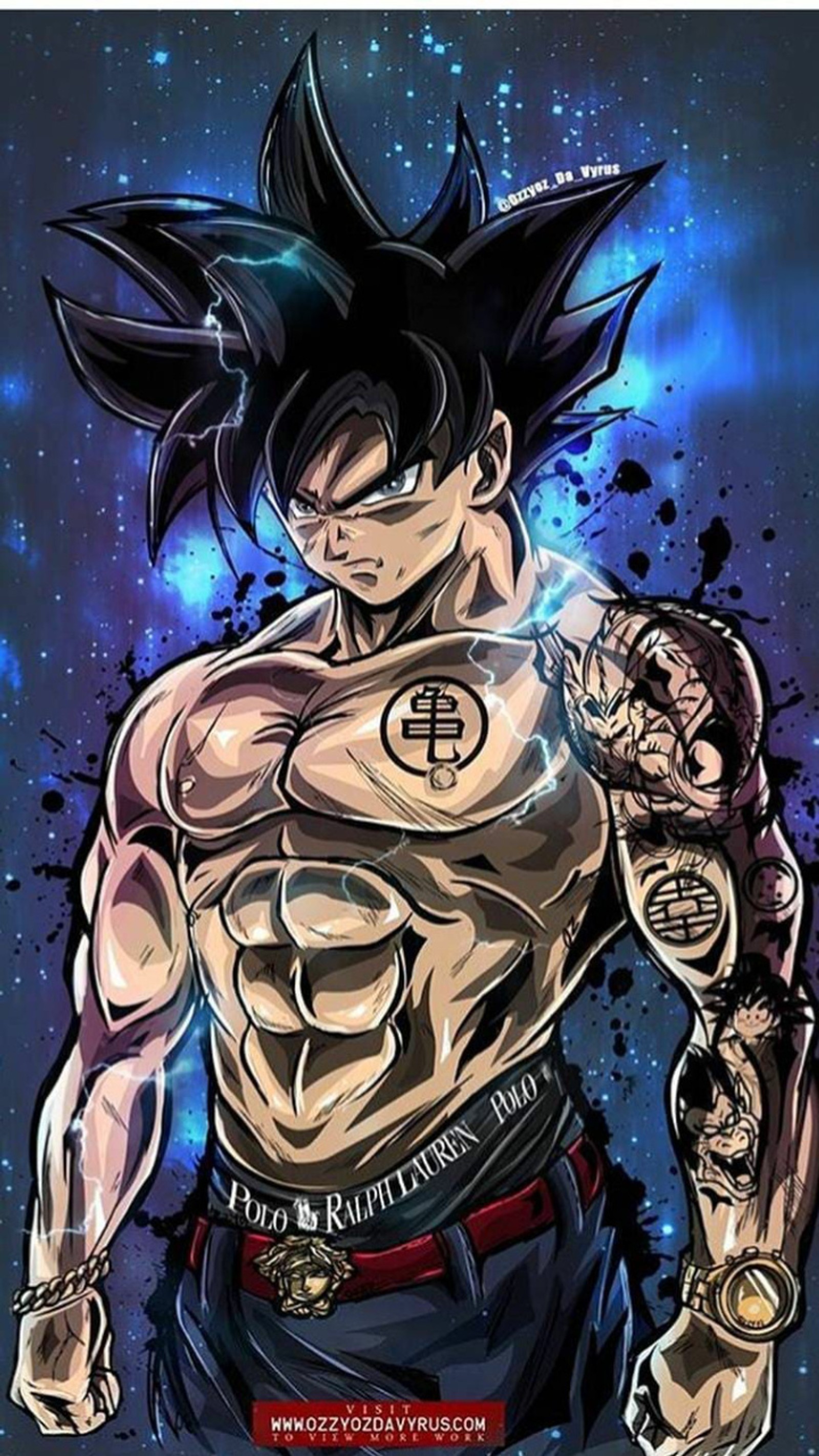 Un dibujo de un hombre con un tatuaje en el pecho (dragon ball super, dragonball super, goku, kakarot, saiyan)