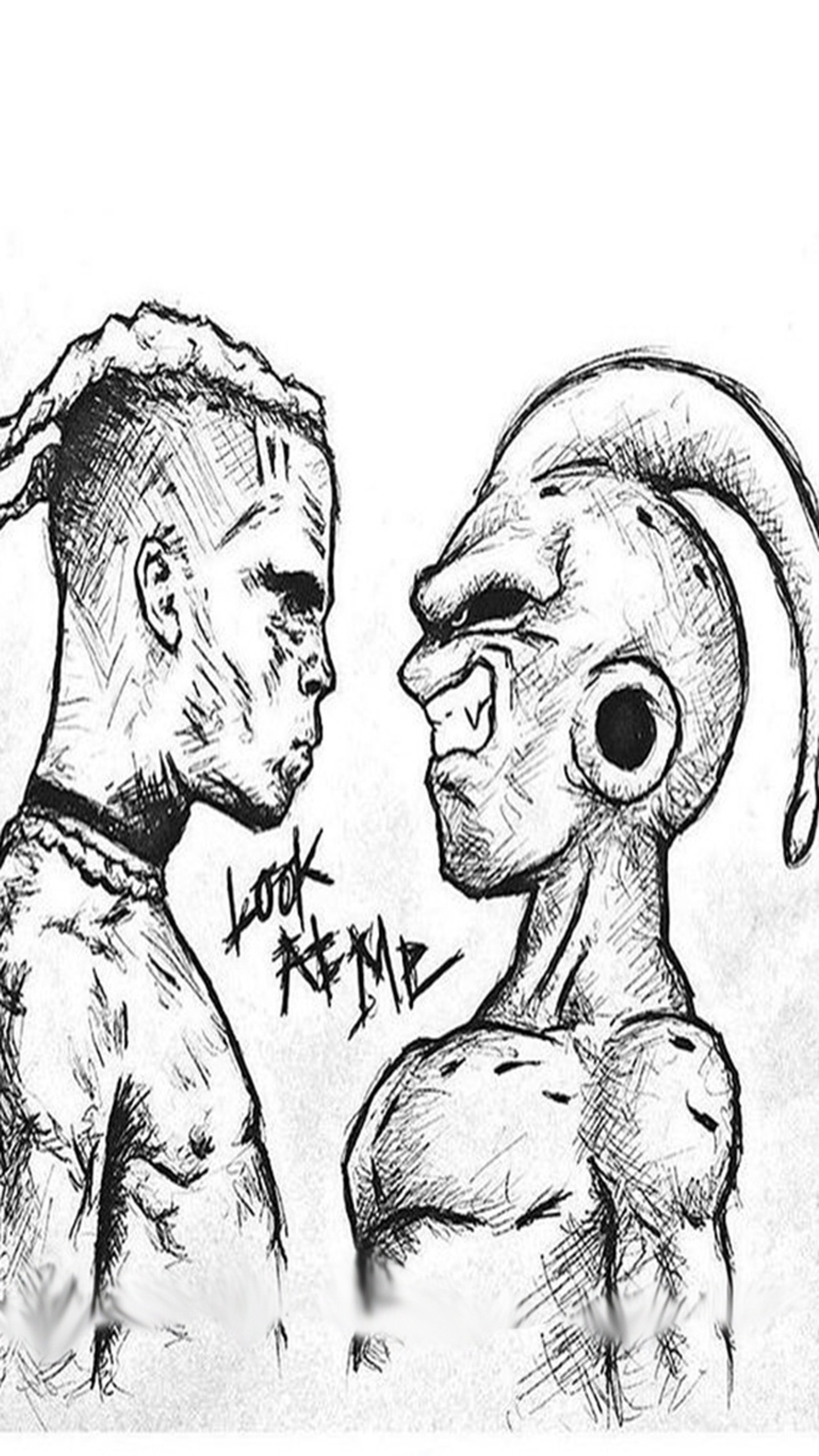 Dibujo de dos personas con las cabezas levantadas y una con un mohawk (dragon ball, hip hop, leyenda, majin buu, majin bu)