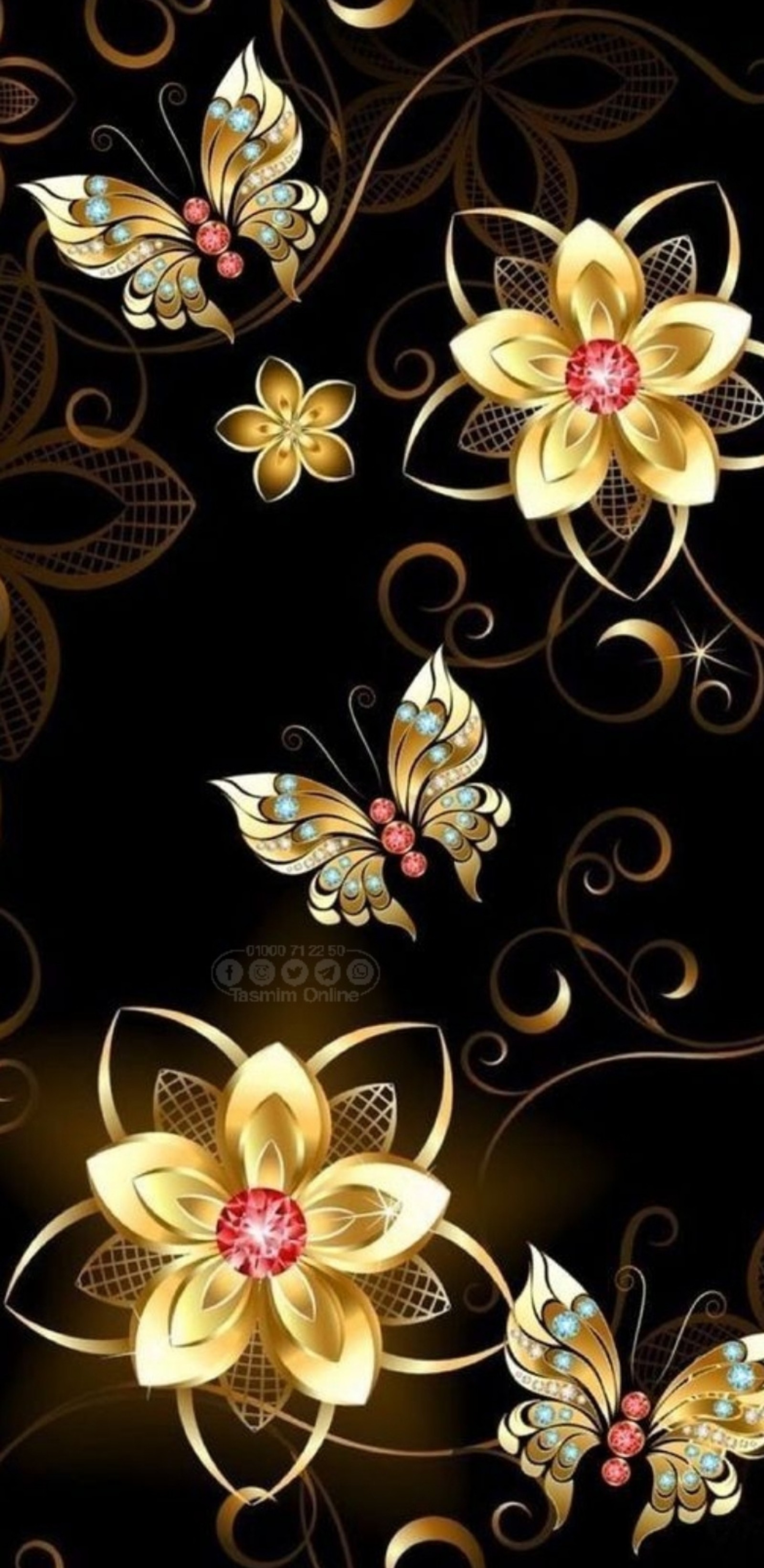 Schwarzer hintergrund mit goldenen blumen und schmetterlingen (design, blume, gold, golden, liebe)