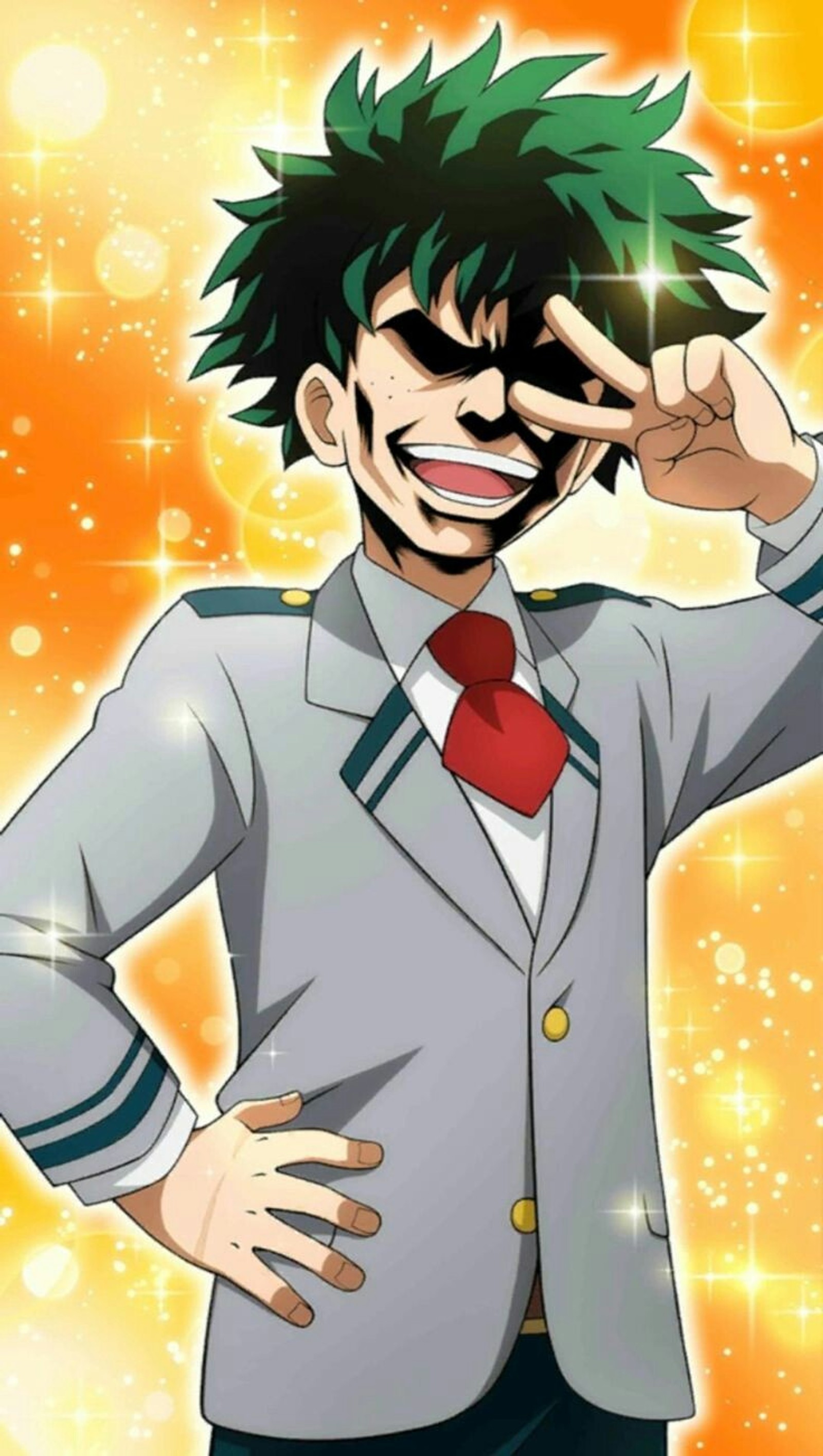 Anime-charakter mit grünen haaren und brille, der ein peace-zeichen macht (my hero academia, anime)