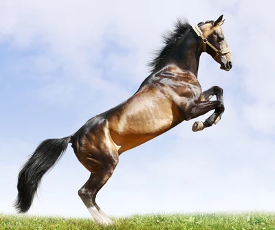 Cavalo majestoso em meio ao salto contra um céu limpo