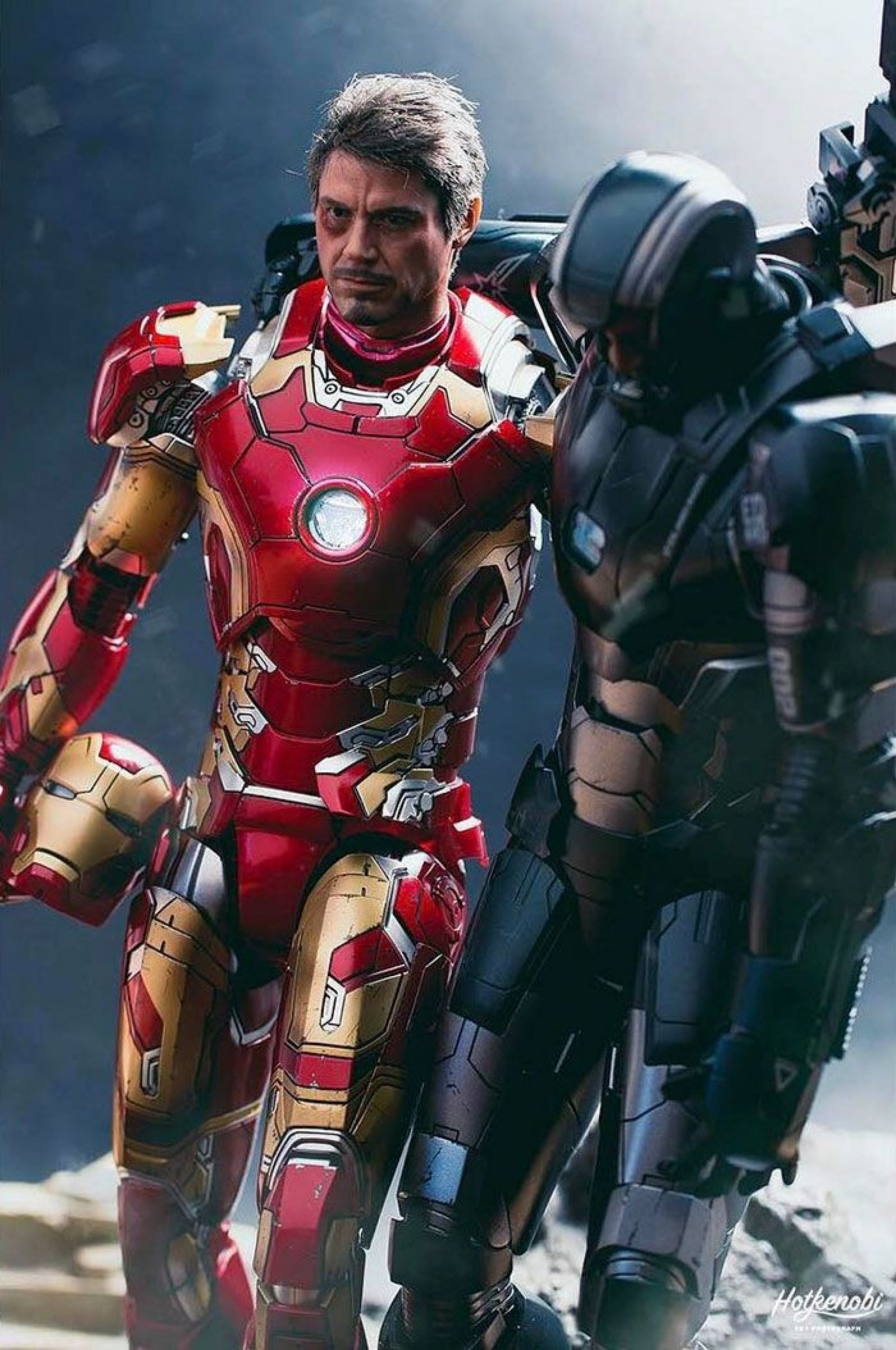 Avengers war machine and a man in armor standing next to each other (iron, man, marvel)