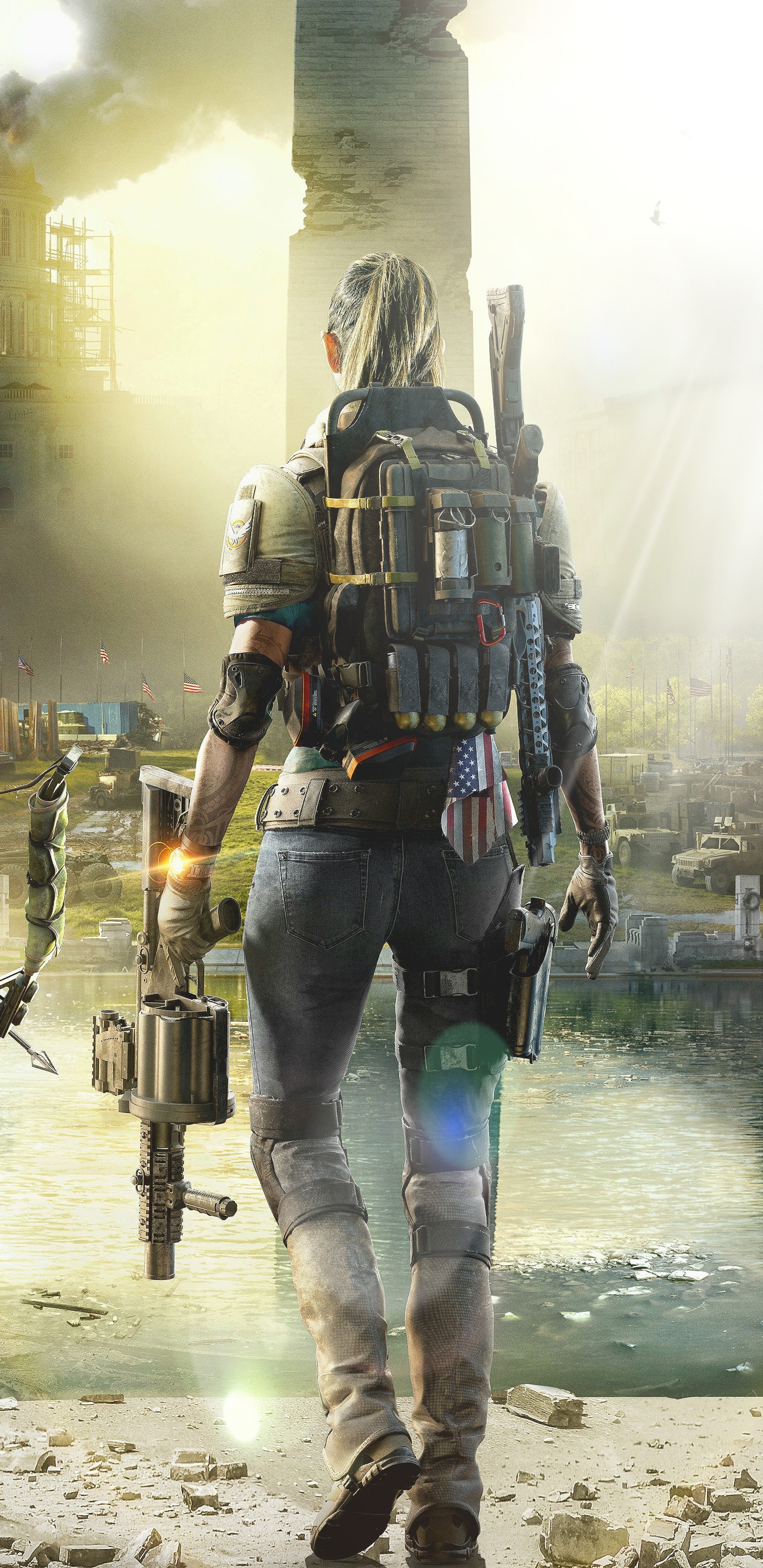 Bearbeitetes bild eines mannes mit einer waffe und einem rucksack, der am strand geht (the divison 2, washington, darkzone)