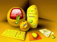 Vibrant 3D Cartoon Computer Setup with Cheerful Fruit Character