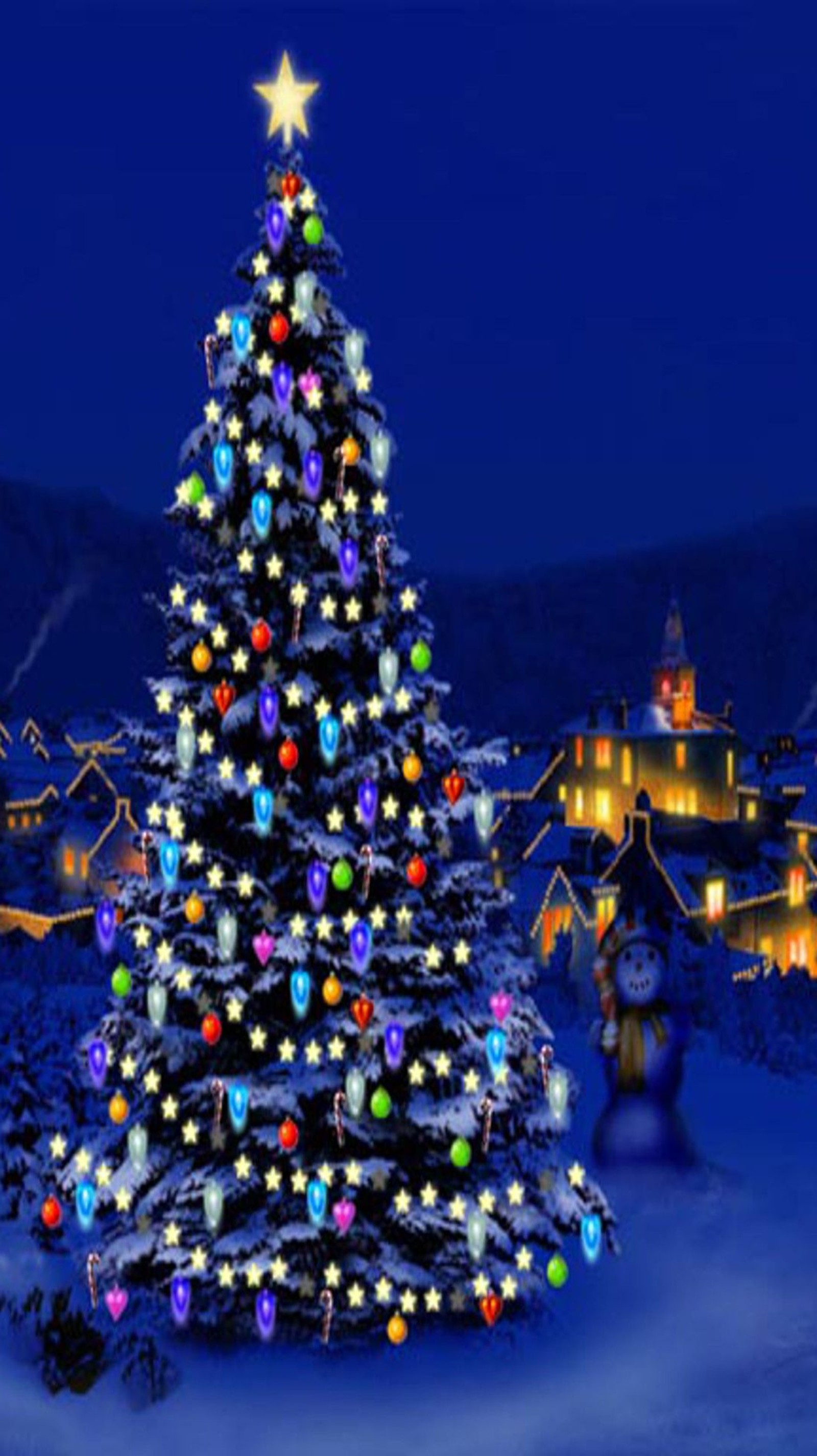 A large christmas tree with lights in a snowy town (christmas tree, snowman)