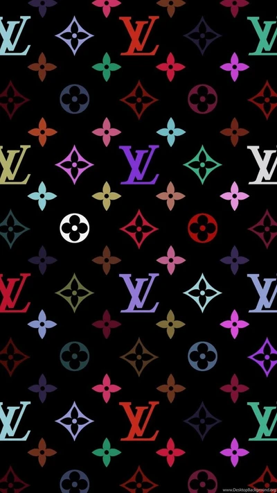 Buntes Louis Vuitton Monogramm-Muster auf schwarzem Hintergrund