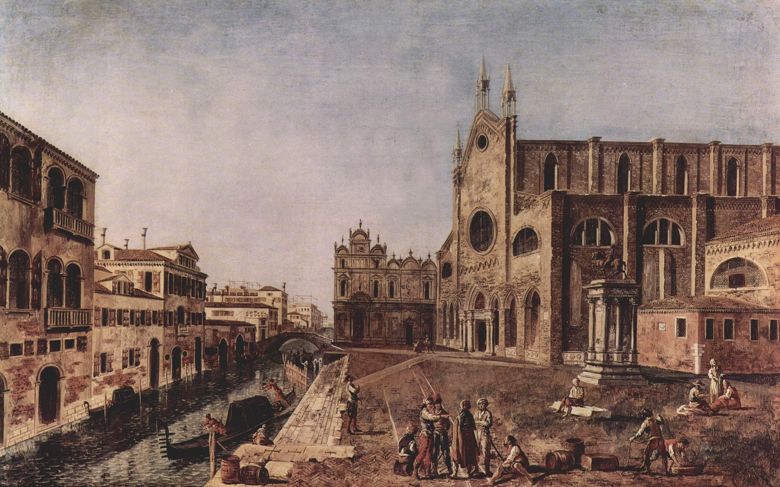 A painting of a city with a river and a church (painting, venice, medieval architecture, building, history)