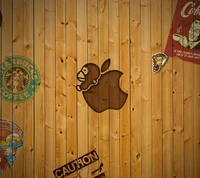 Logotipo da Apple cercado por gráficos de aviso vintage e café Starbucks