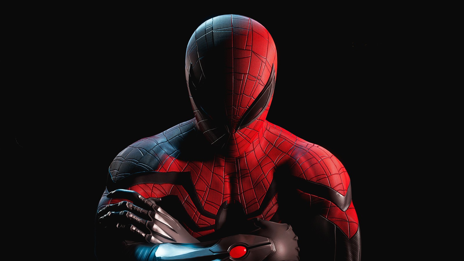 Spider-man en un costume rouge et noir avec une lumière bleue (marvel spider man 2, marvels spider man 2, arrière plan noir, spiderman, jeux)