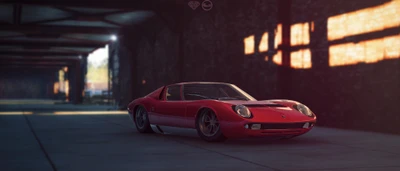 Lamborghini Miura in a sleek industrial setting.