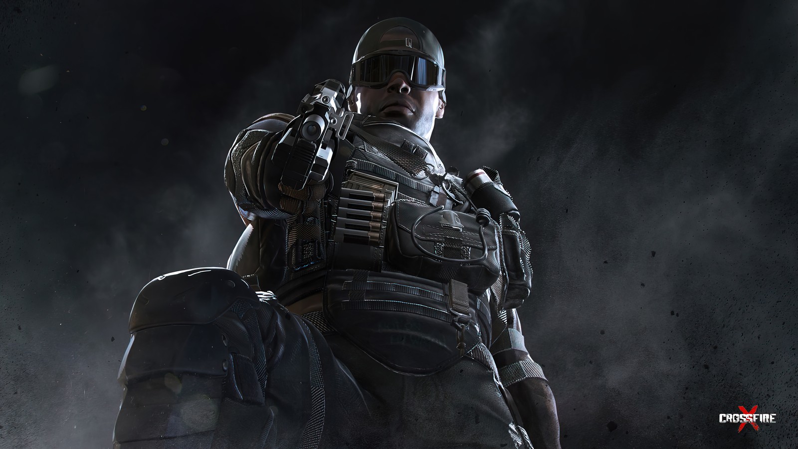 A man in a black uniform holding a gun and a backpack (crossfirex, video game, crossfire x, mercenaries mercenary, soldiers)