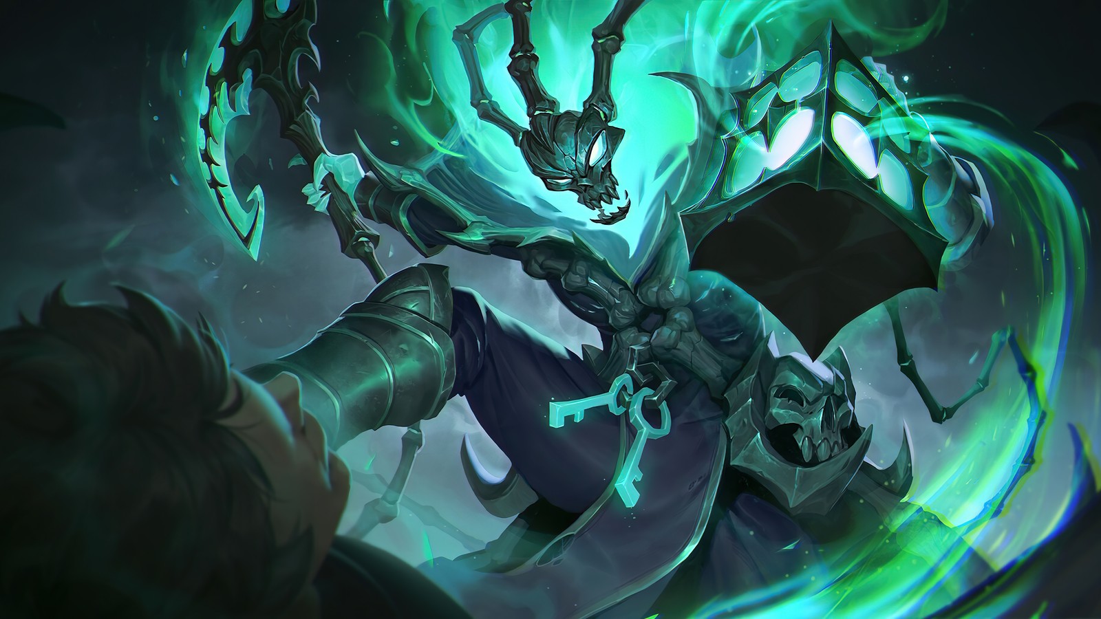 A close up of a person holding a green light (lol, league of legends, video game, thresh)