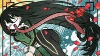 Tsuyu Asui (Froppy) dans une pose dynamique d'anime avec des fleurs de cerisier